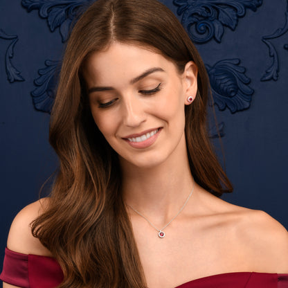 925 Sterling Silver Red Cubic Zirconia Round Halo Pendant Necklace