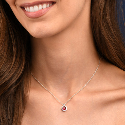 925 Sterling Silver Red Cubic Zirconia Round Halo Pendant Necklace