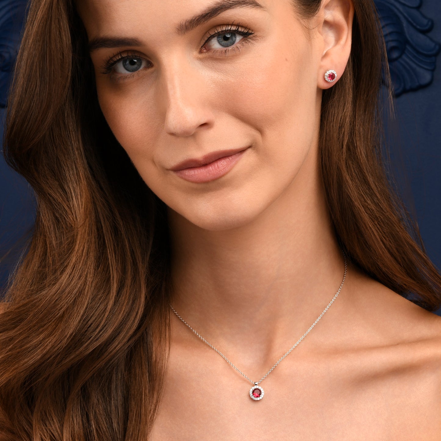 925 Sterling Silver Red Cubic Zirconia Round Halo Stud Earrings