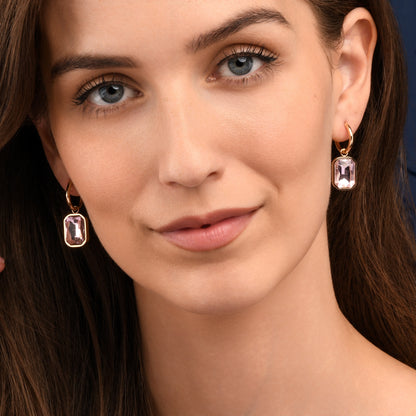 Pink Rectangle Crystal Dangle Earrings on Small Hoops