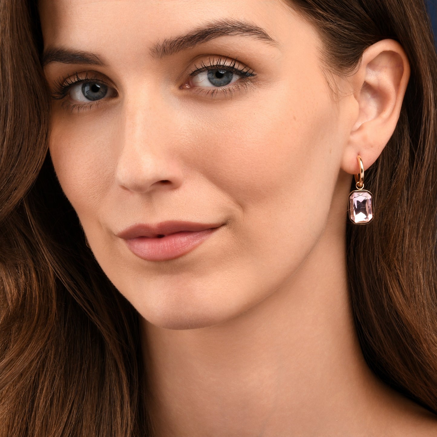 Pink Rectangle Crystal Dangle Earrings on Small Hoops