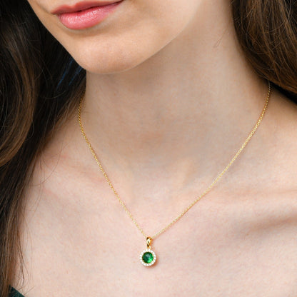Gold Plated 925 Sterling Silver Green Round Halo Pendant Necklace For Women