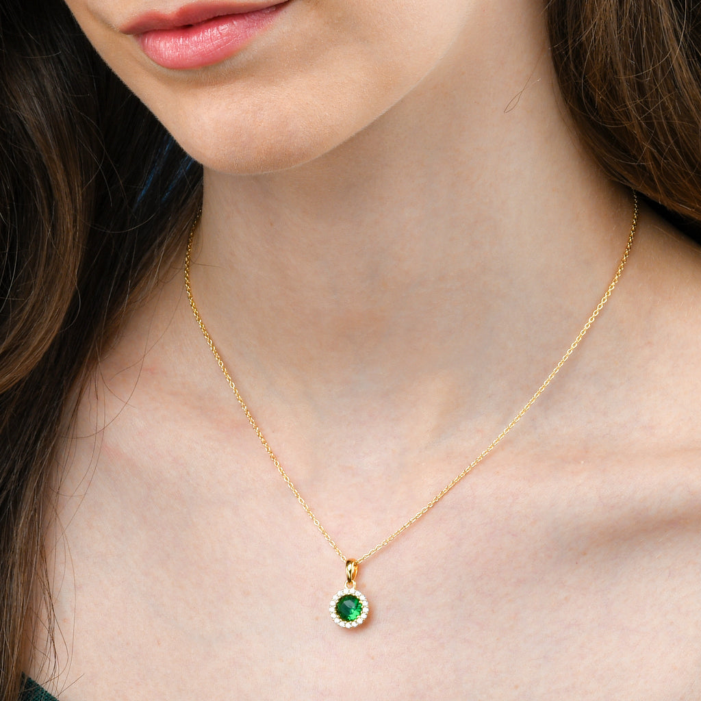 Gold Plated 925 Sterling Silver Green Round Halo Pendant Necklace For Women