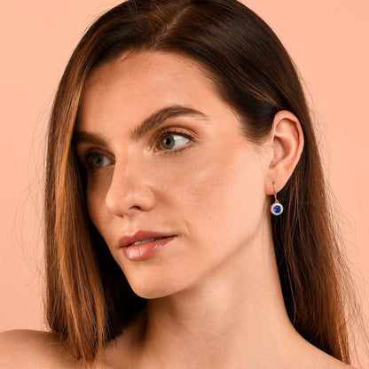 Gold Plated Round Blue Halo Drop Earrings with Cubic Zirconia Stones for women