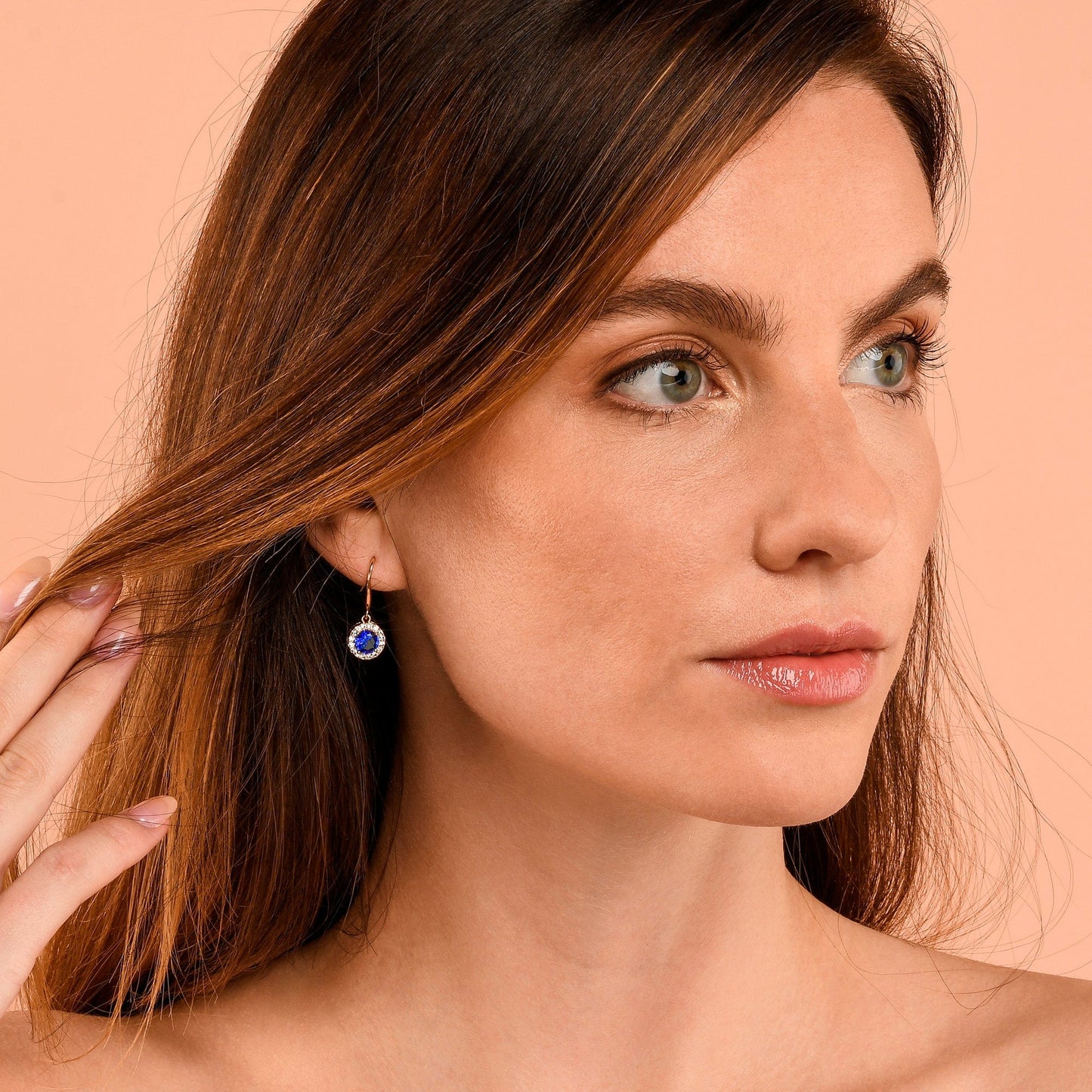 Gold Plated Round Blue Halo Drop Earrings with Cubic Zirconia Stones for women