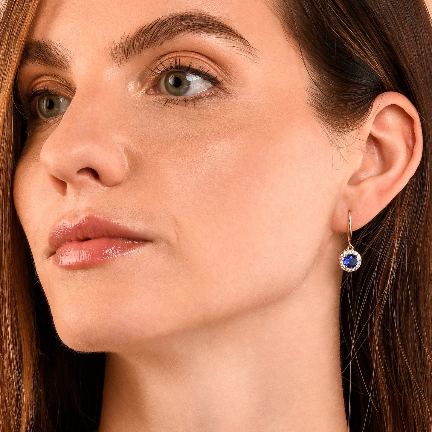 Gold Plated Round Blue Halo Drop Earrings with Cubic Zirconia Stones for women