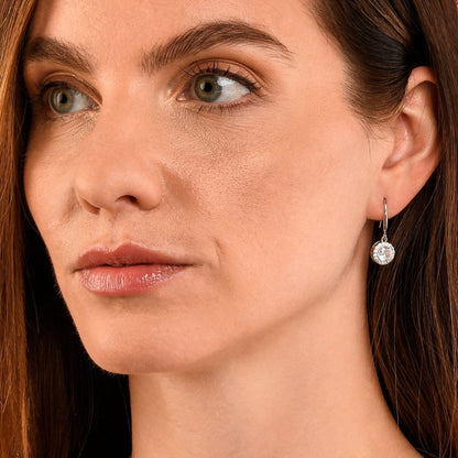 Silver Round Halo Drop Earrings with Clear Cubic Zirconia Stones for women