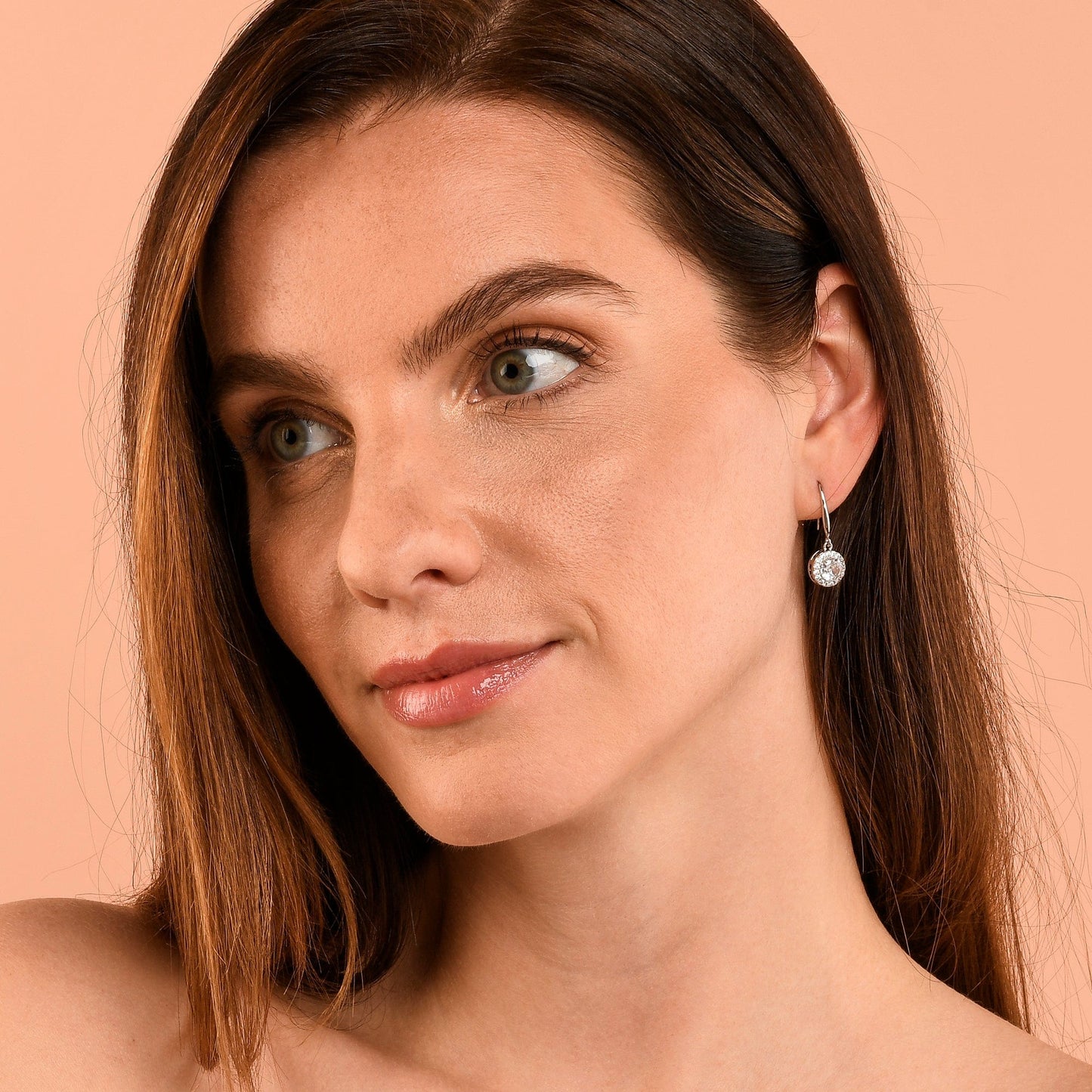 Silver Round Halo Drop Earrings with Clear Cubic Zirconia Stones for women