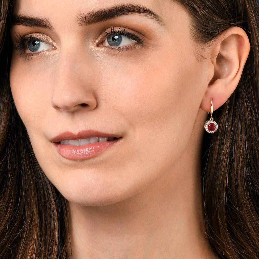 Gold Plated Round Red Halo Drop Earrings with Cubic Zirconia Stones for women