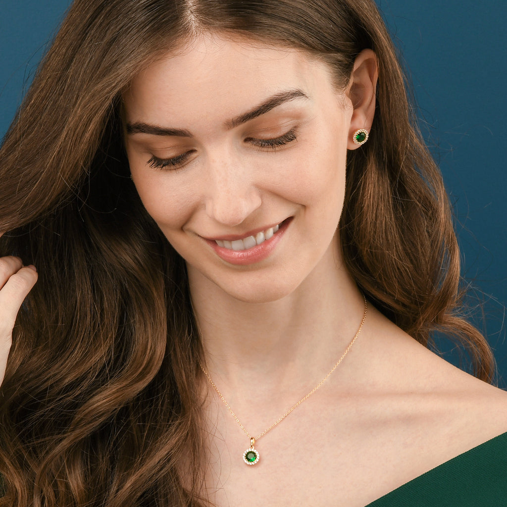 Gold Plated 925 Sterling Silver Round Green Halo Stud Earrings For Women