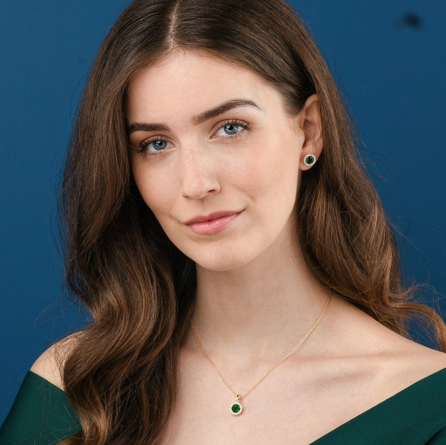 Gold Plated 925 Sterling Silver Round Green Halo Stud Earrings For Women