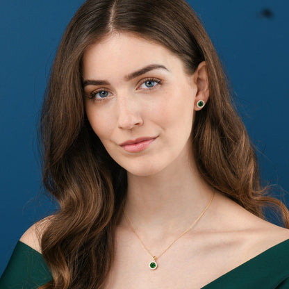 Gold Plated 925 Sterling Silver Round Green Halo Stud Earrings For Women
