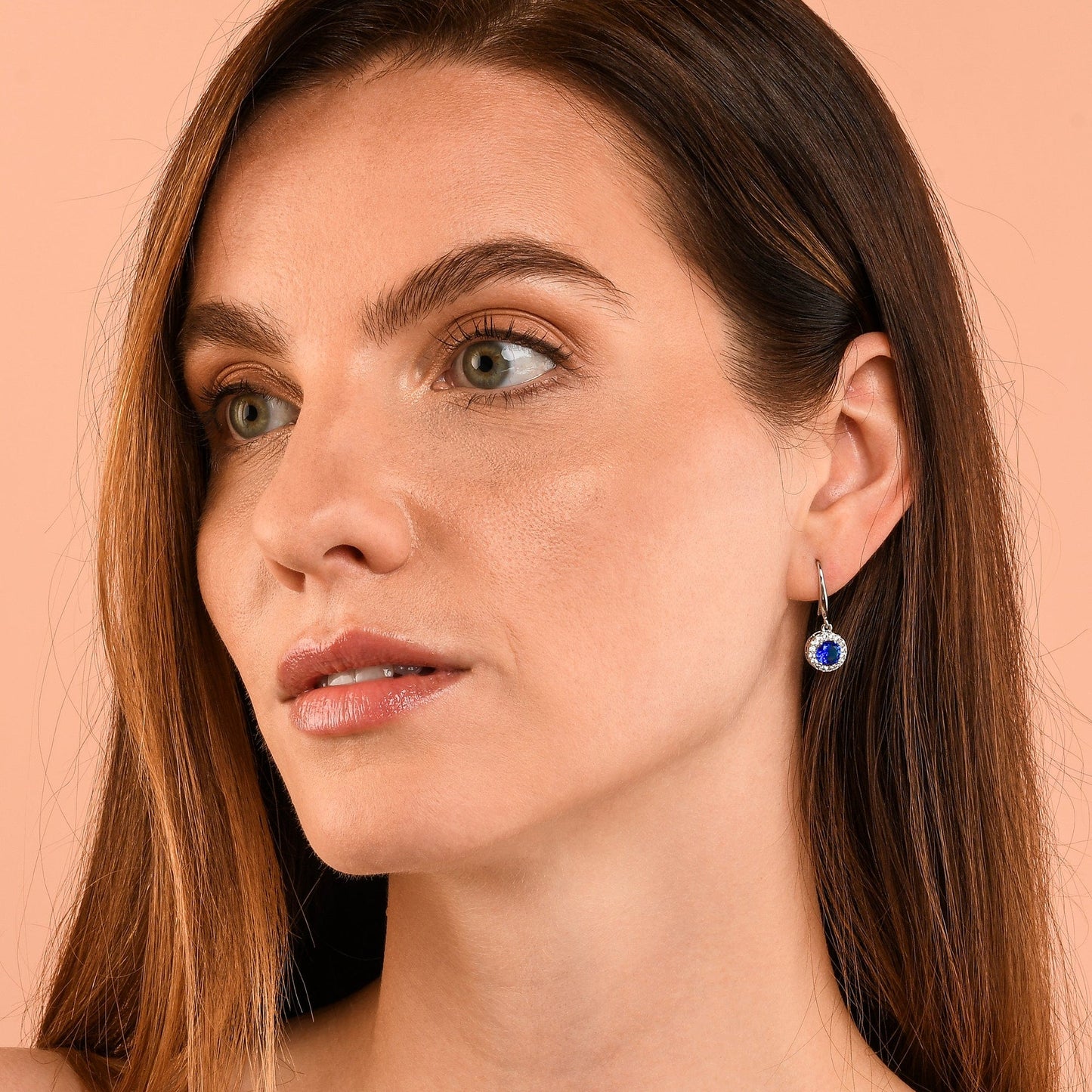 Silver Round Blue Halo Drop Earrings With Cubic Zirconia Stones for women