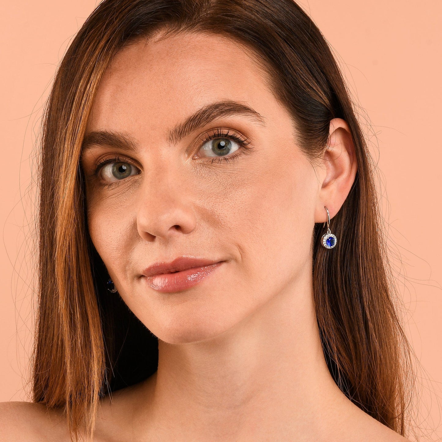 Silver Round Blue Halo Drop Earrings With Cubic Zirconia Stones for women
