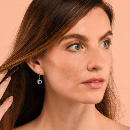 Silver Round Blue Halo Drop Earrings With Cubic Zirconia Stones for women