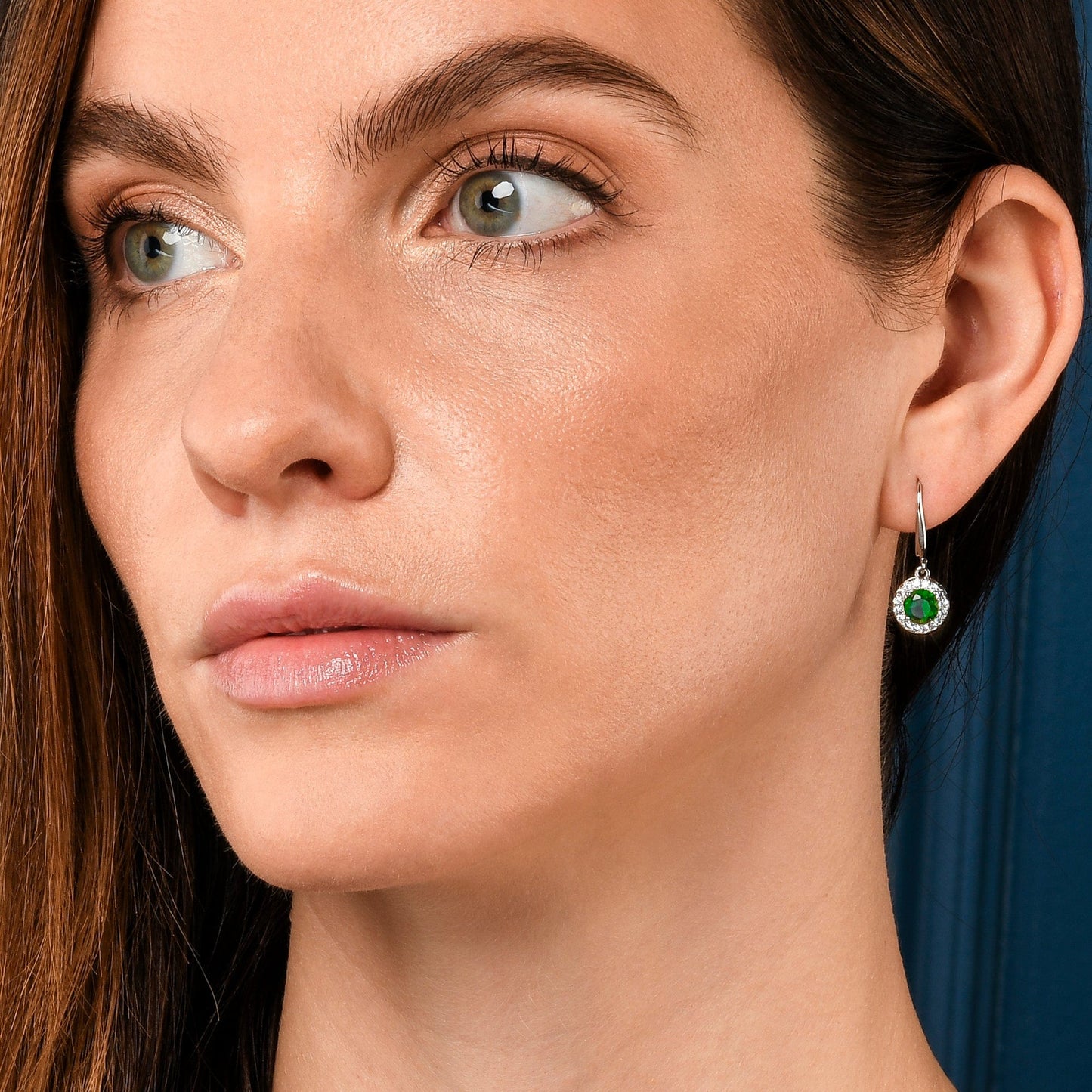 Silver Round Green Halo Drop Earrings With Cubic Zirconia Stones for women