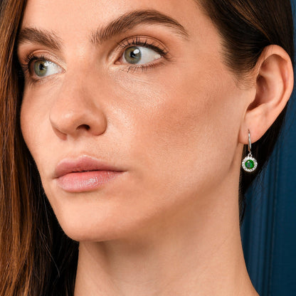 Silver Round Green Halo Drop Earrings With Cubic Zirconia Stones for women