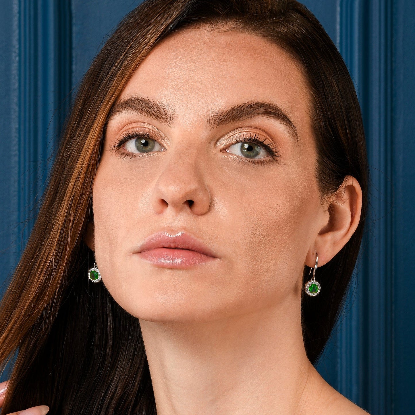 Silver Round Green Halo Drop Earrings With Cubic Zirconia Stones for women