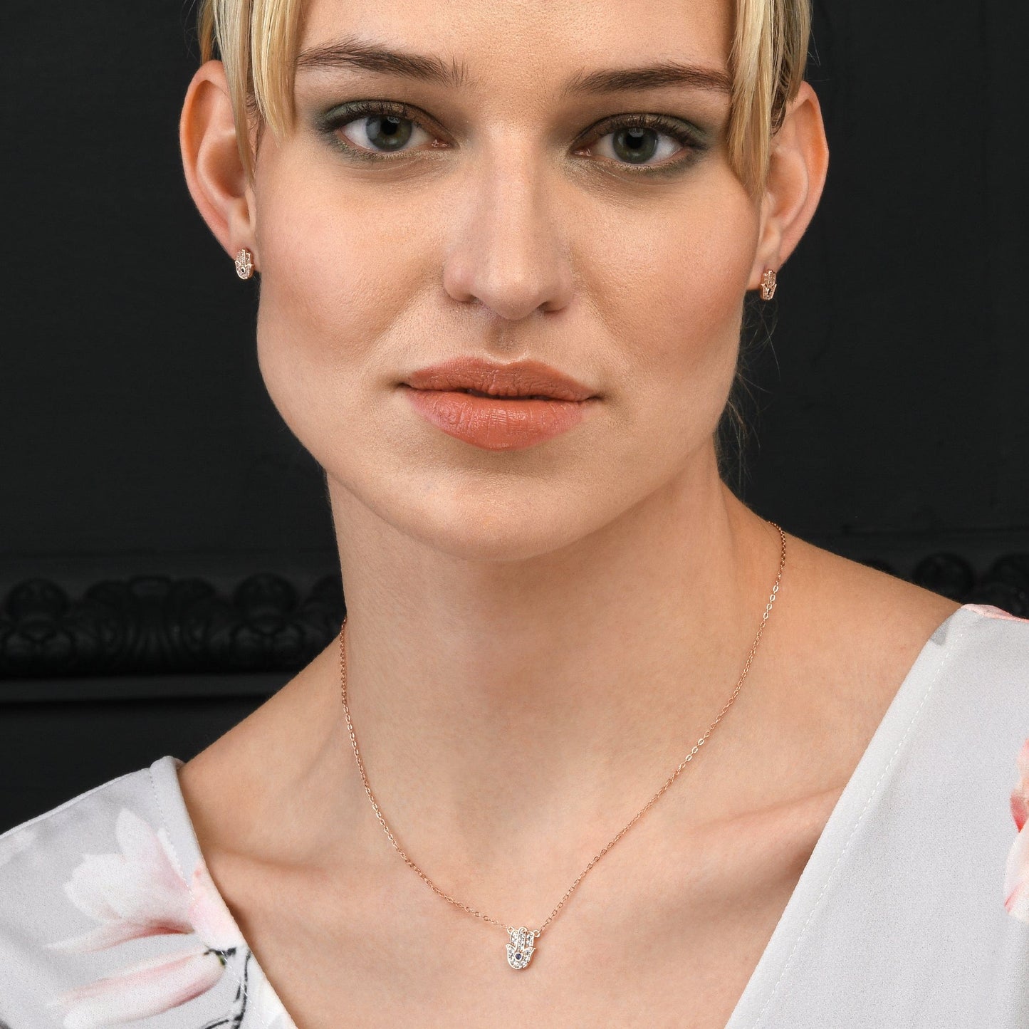 Rose Gold Hamza Hand Stud Earrings for Women