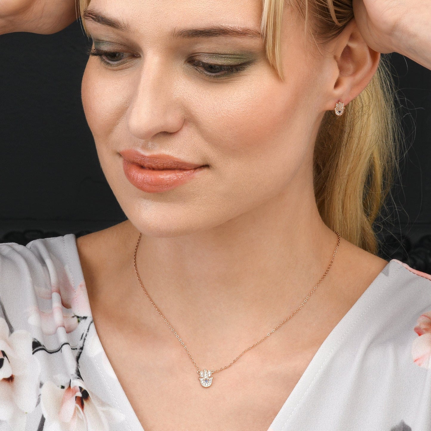 Rose Gold Hamza Hand Stud Earrings for Women