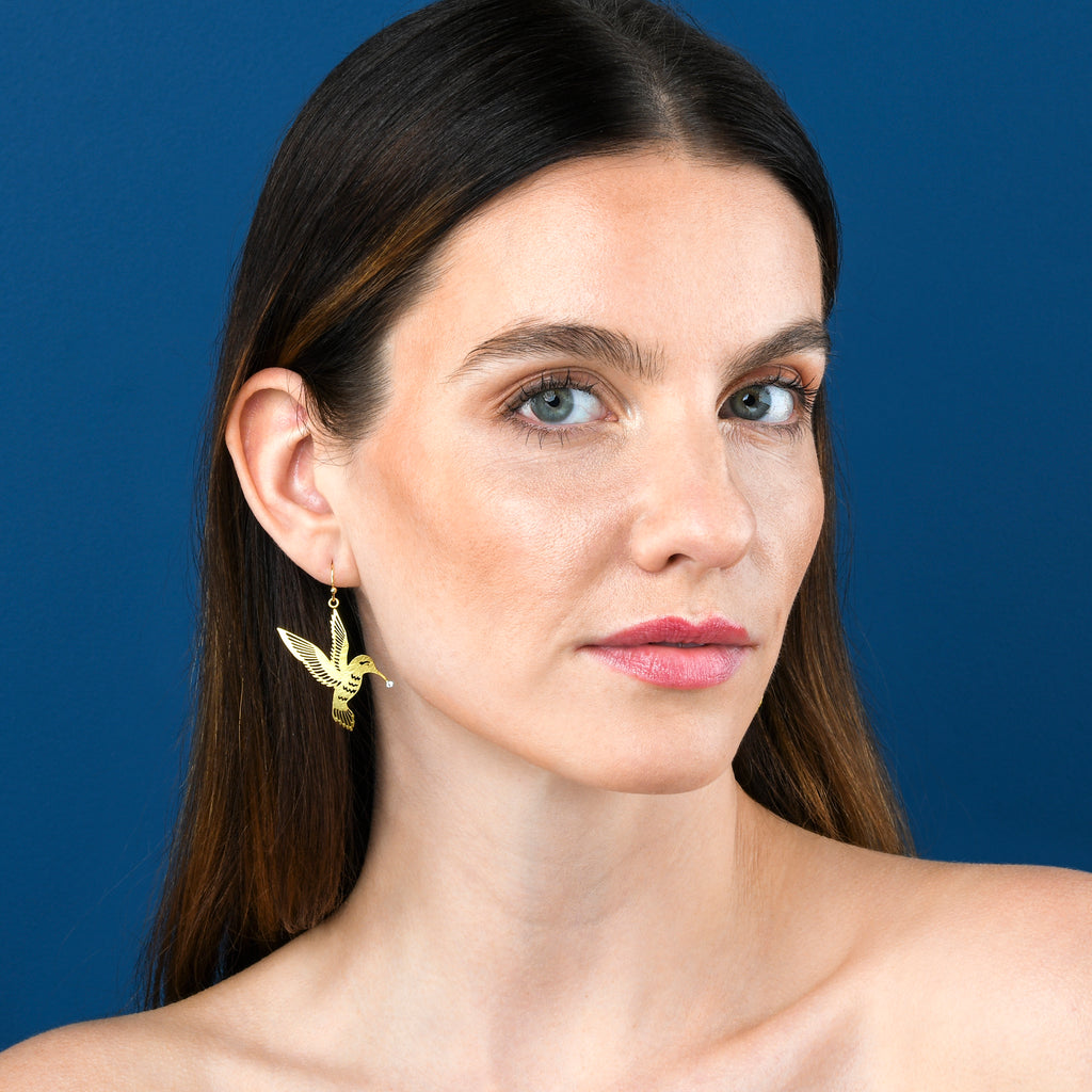 Gold Bird Dangle Earrings in a Hummingbird Design for Women