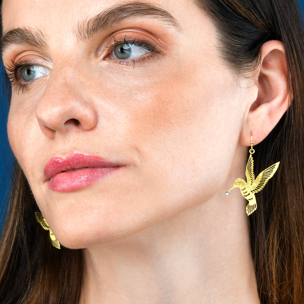 Gold Bird Dangle Earrings in a Hummingbird Design for Women