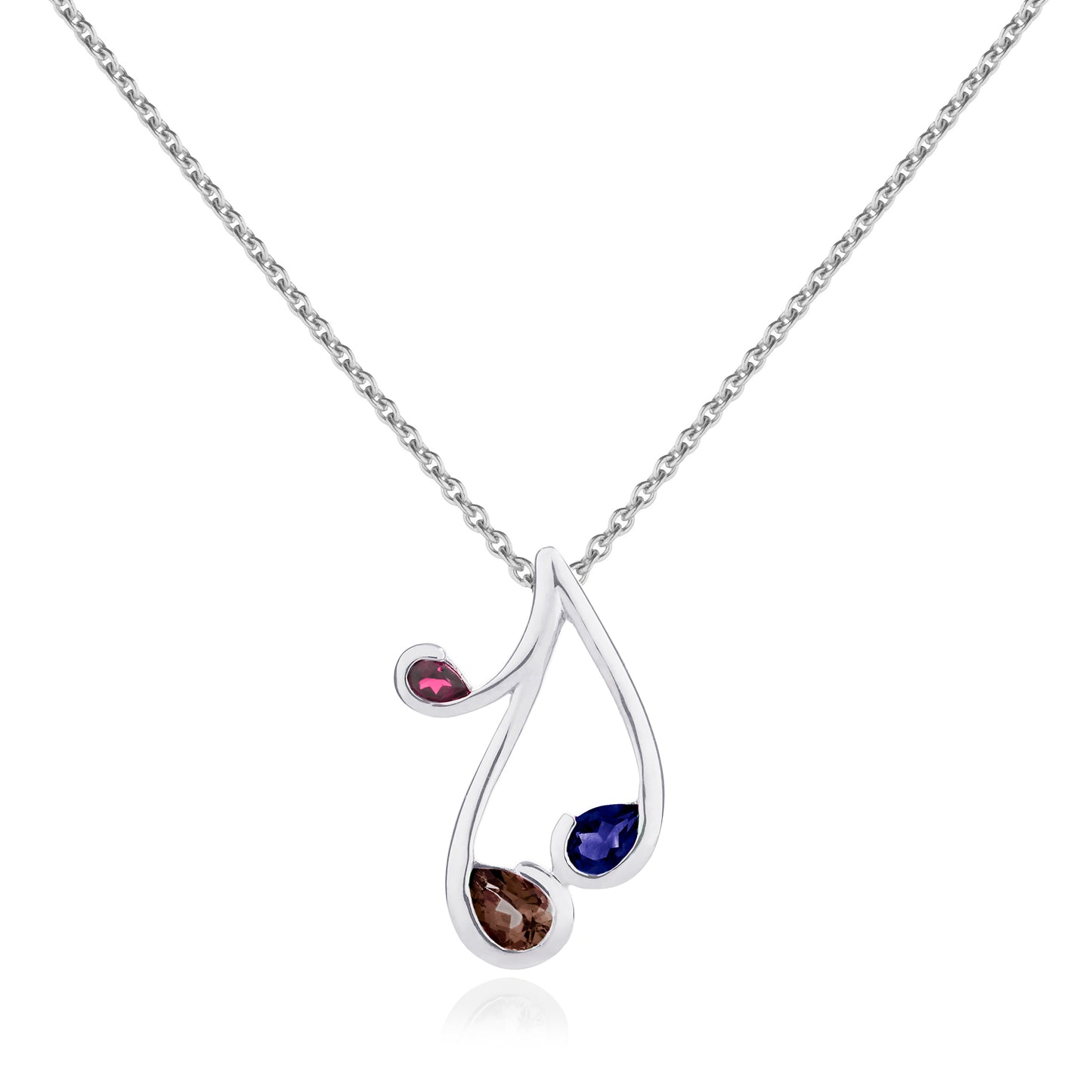 Sterling Silver Pendant Necklace with Natural Smoky Quartz, Iolite and Rhodolite Gemstones