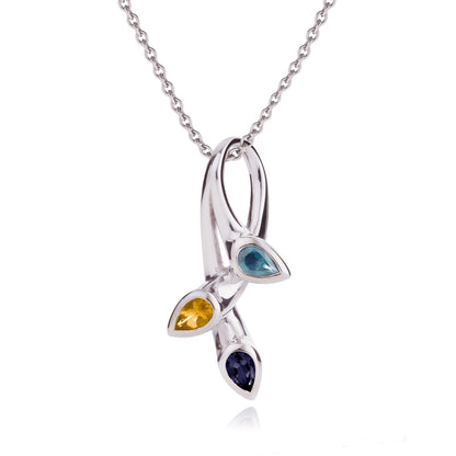 925 Sterling Silver Pendant Necklace with Natural Iolite, Blue Topaz & Citrine Gemstones