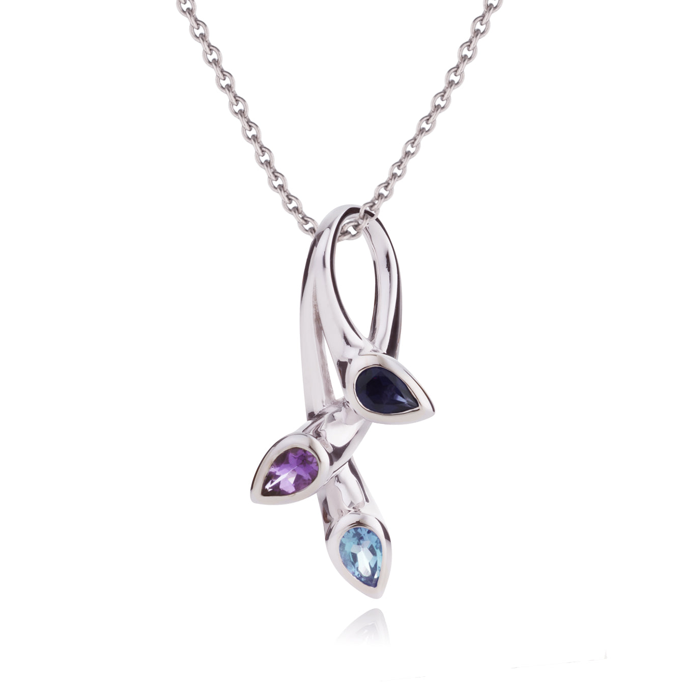925 Sterling Silver Pendant Necklace with Natural Amethyst, Blue Topaz & Iolite Gemstones