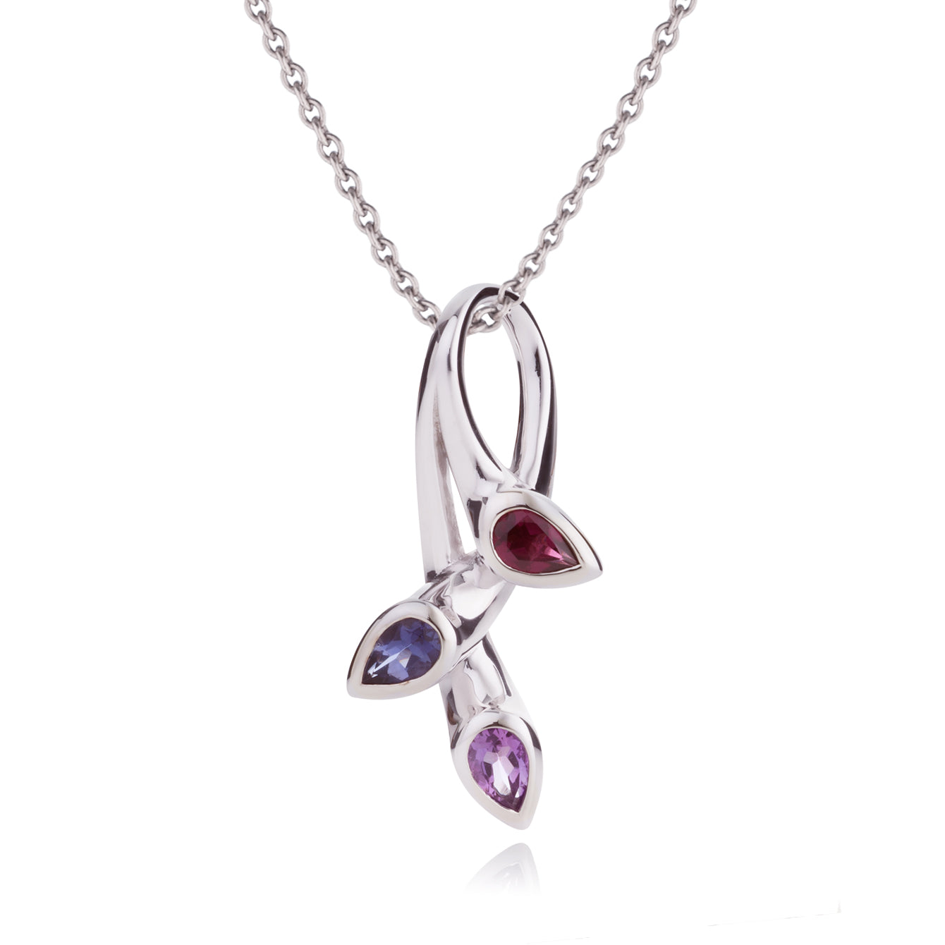 925 Sterling Silver Pendant Necklace with Natural Amethyst, Rhodolite & Iolite Gemstones
