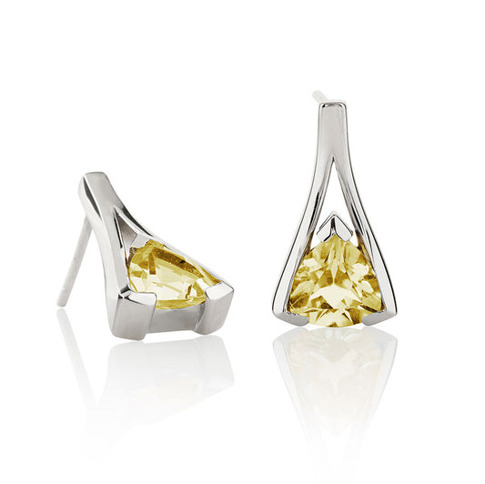 Sterling Silver Trillion Cut Lemon Quartz Gemstone Stud Earrings For Women