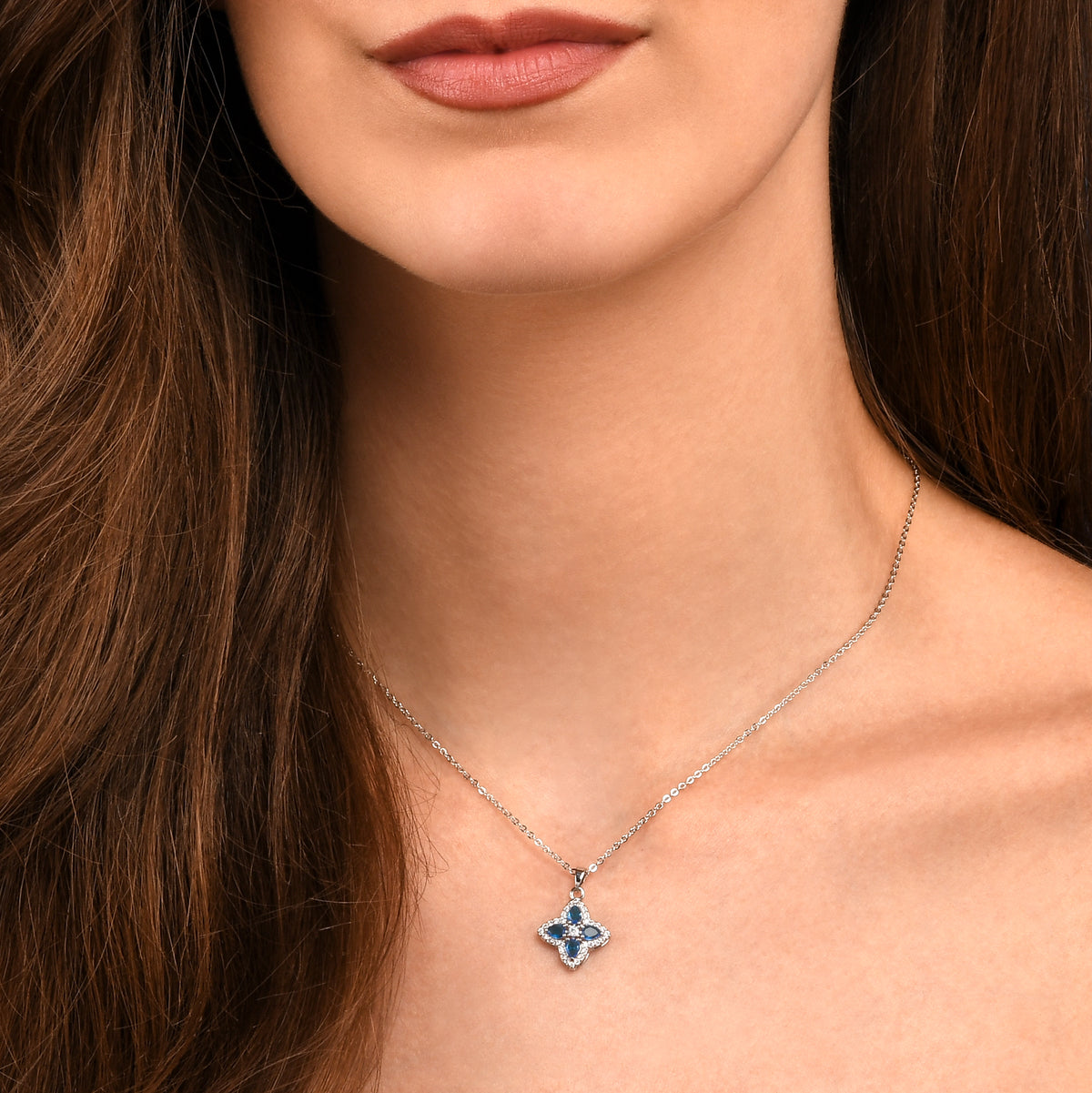 Blue Silver Quatrefoil Pendant Necklace With Aqua Blue Crystal  For Women