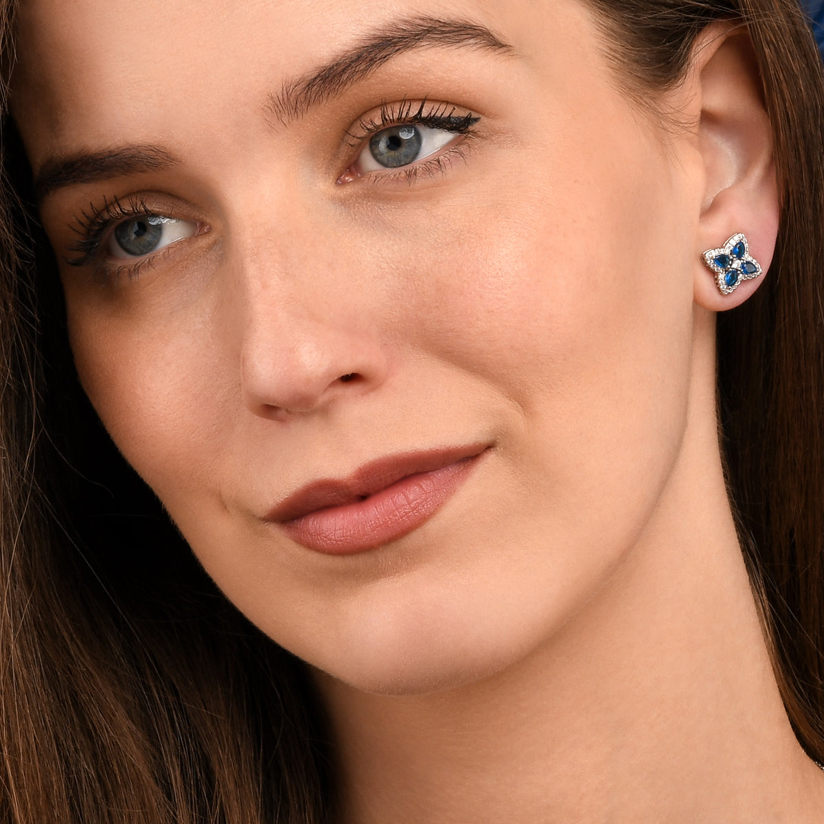 Blue Silver Quatrefoil Stud Earrings For Women With Aqua Blue Pear Crystals