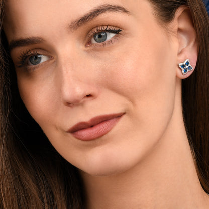Blue Silver Quatrefoil Stud Earrings For Women With Aqua Blue Pear Crystals