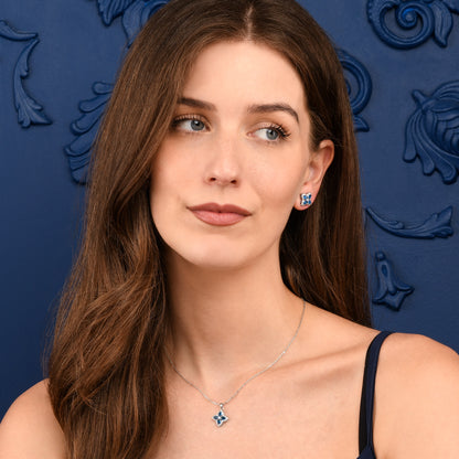 Blue Silver Quatrefoil Pendant Necklace With Aqua Blue Crystal  For Women