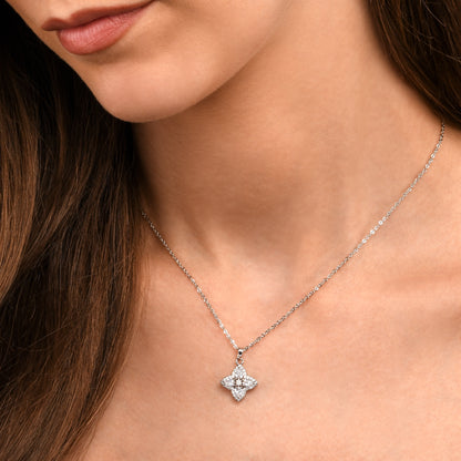 Silver Quatrefoil Pendant Necklace With Cubic Zirconia Stones For Women