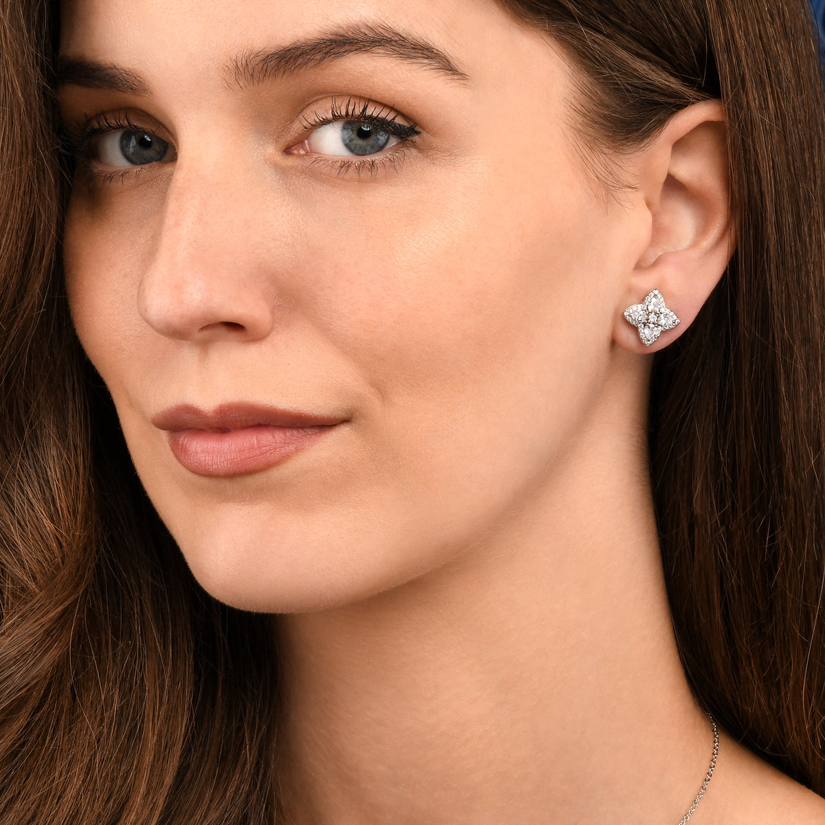 Silver Quatrefoil Stud Earrings With Pear Shaped Cubic Zirconia For Women