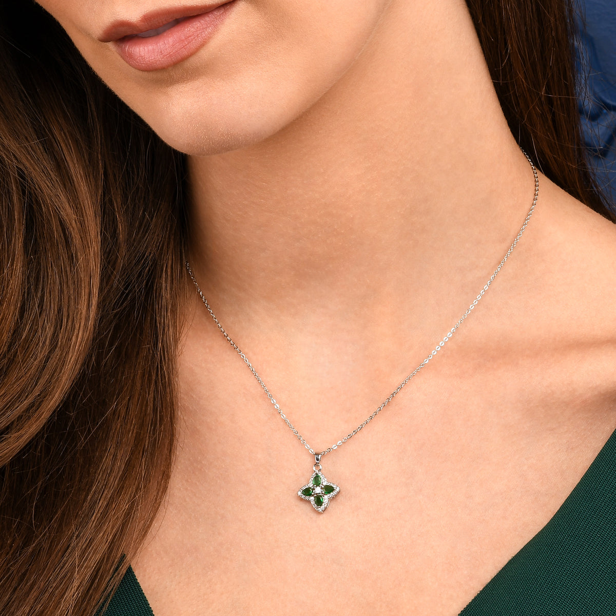 Green Silver Quatrefoil Pendant Necklace With Green Crystal For Women