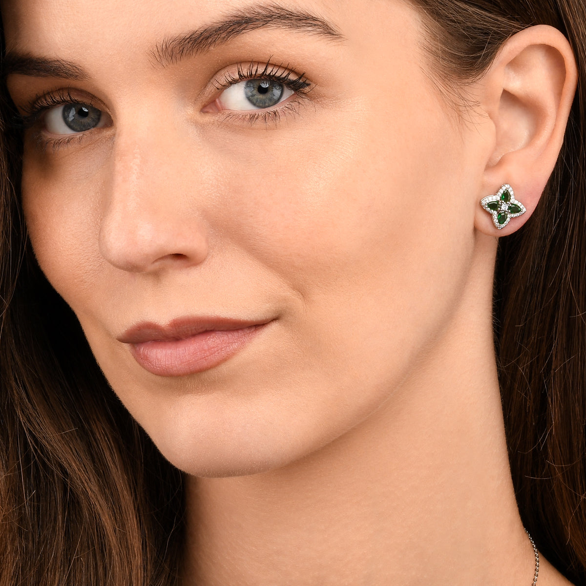 Green Silver Quatrefoil Stud Earrings For Women With Green Pear Shaped Crystals