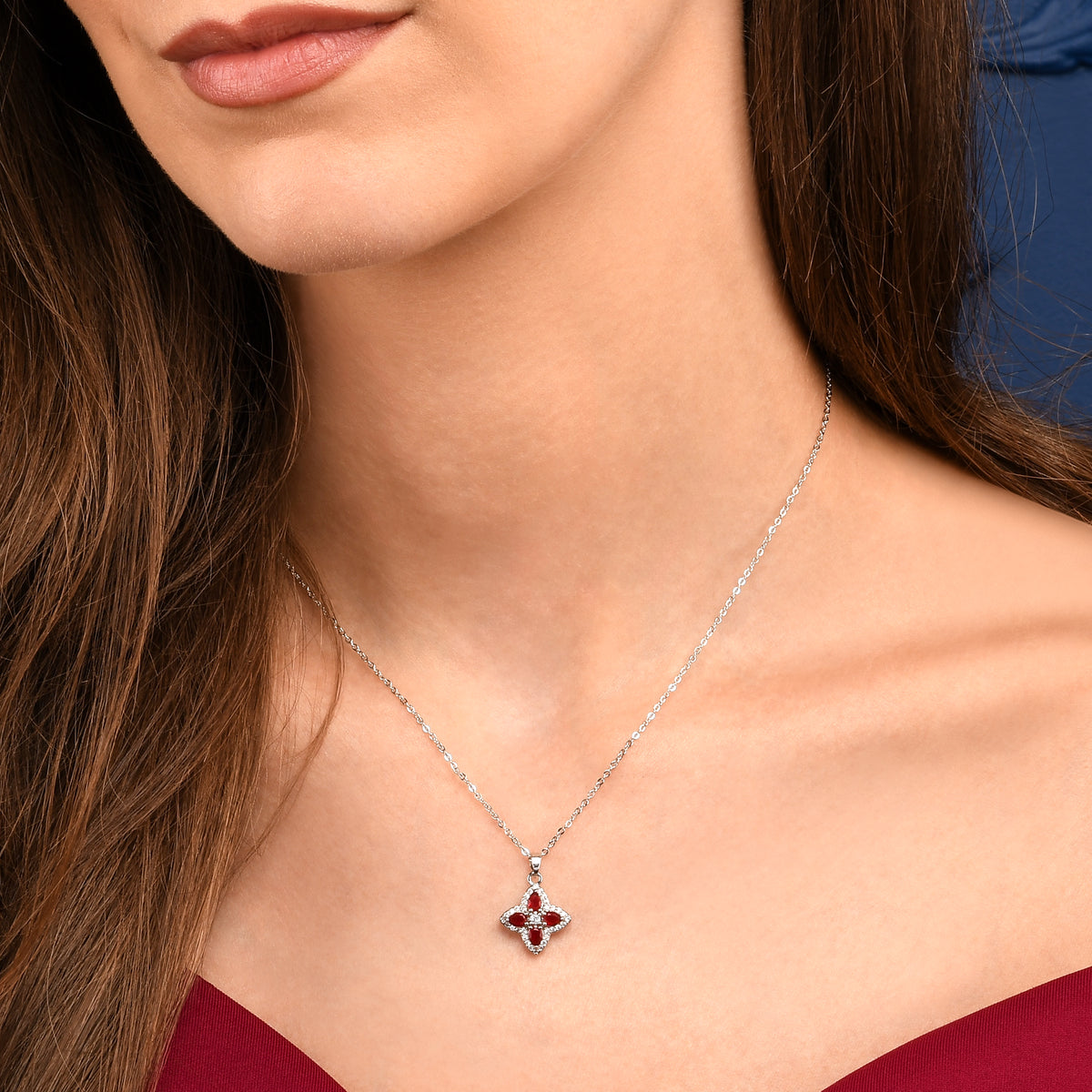 Red Silver Quatrefoil Pendant Necklace With Red Crystal For Women
