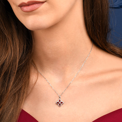 Red Silver Quatrefoil Pendant Necklace With Red Crystal For Women