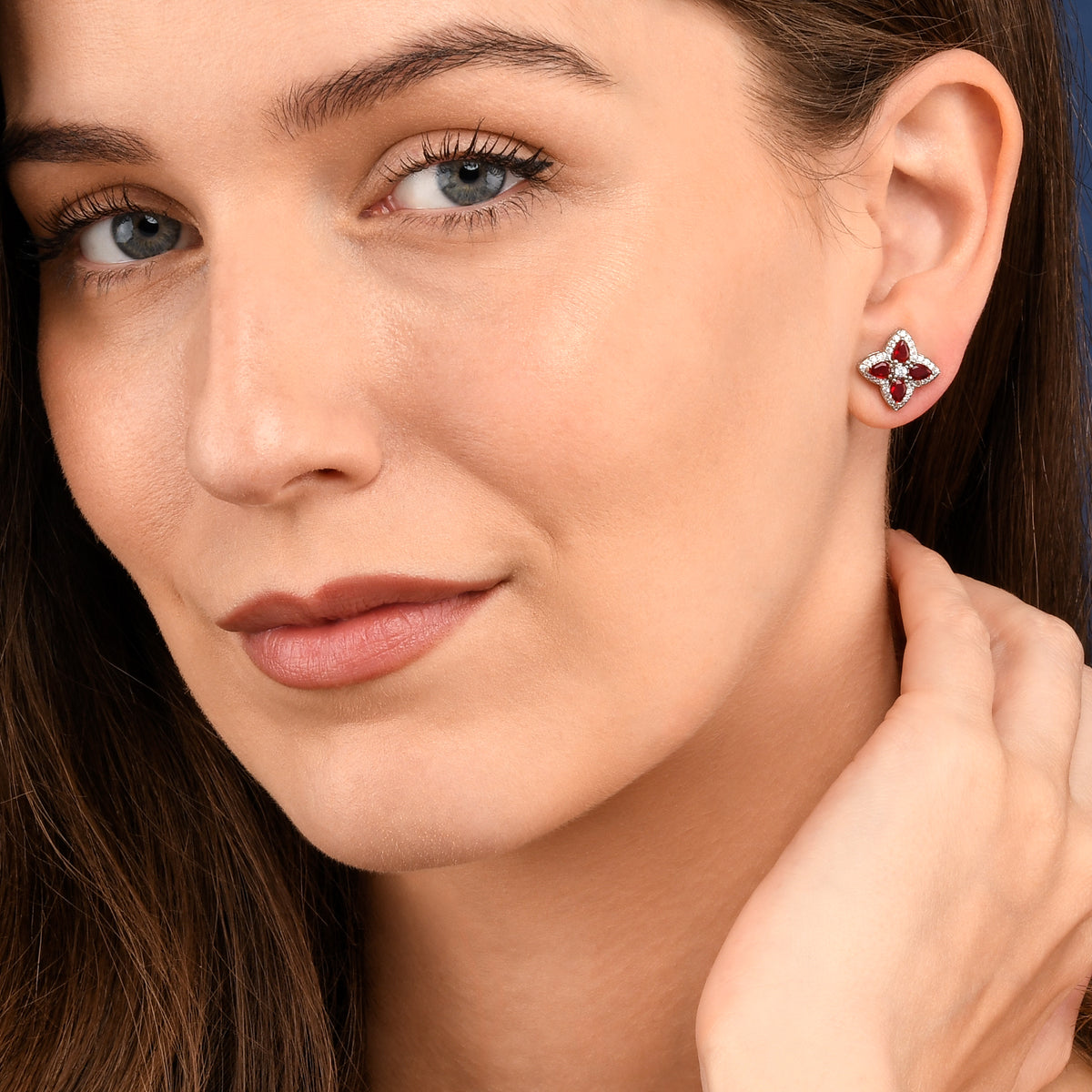 Red Silver Quatrefoil Stud Earrings For Women With Red Pear Shaped Crystals