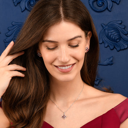 Red Silver Quatrefoil Pendant Necklace With Red Crystal For Women
