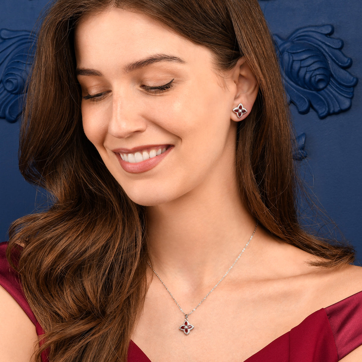 Red Silver Quatrefoil Pendant Necklace With Red Crystal For Women