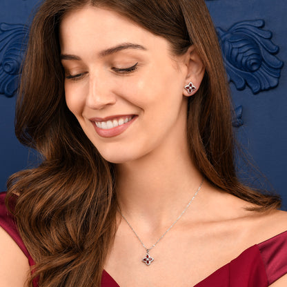 Red Silver Quatrefoil Pendant Necklace With Red Crystal For Women