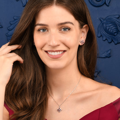 Red Silver Quatrefoil Pendant Necklace With Red Crystal For Women