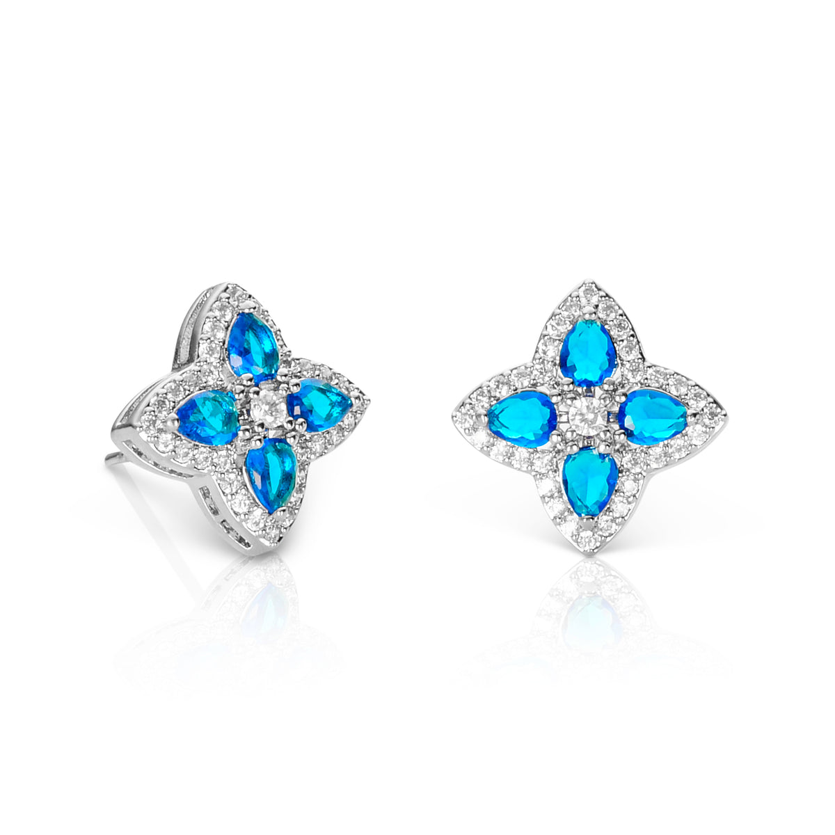 Blue Silver Quatrefoil Stud Earrings For Women With Aqua Blue Pear Crystals