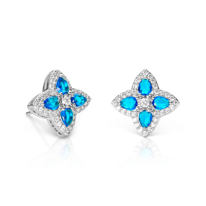 Blue Silver Quatrefoil Stud Earrings For Women With Aqua Blue Pear Crystals