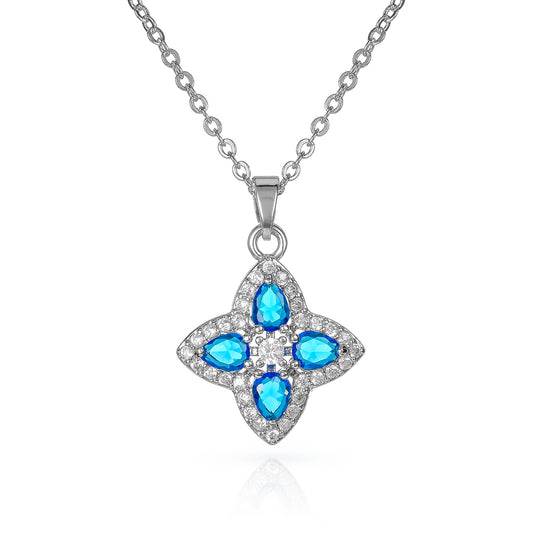 Blue Silver Quatrefoil Pendant Necklace With Aqua Blue Crystal For Women