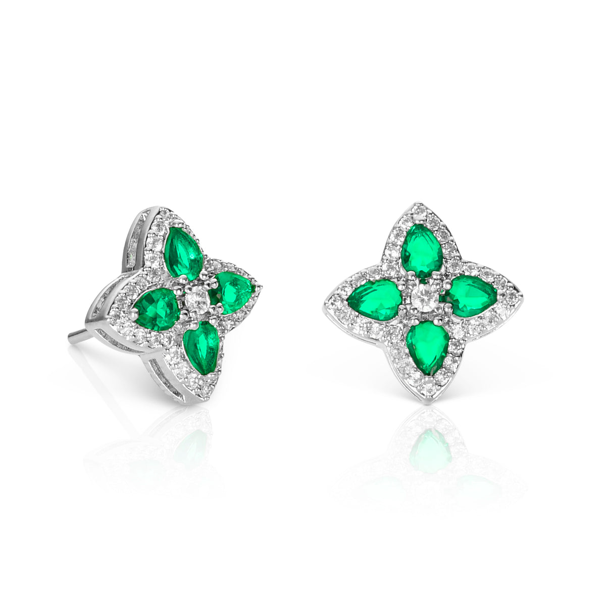 Green Silver Quatrefoil Stud Earrings For Women With Green Pear Shaped Crystals